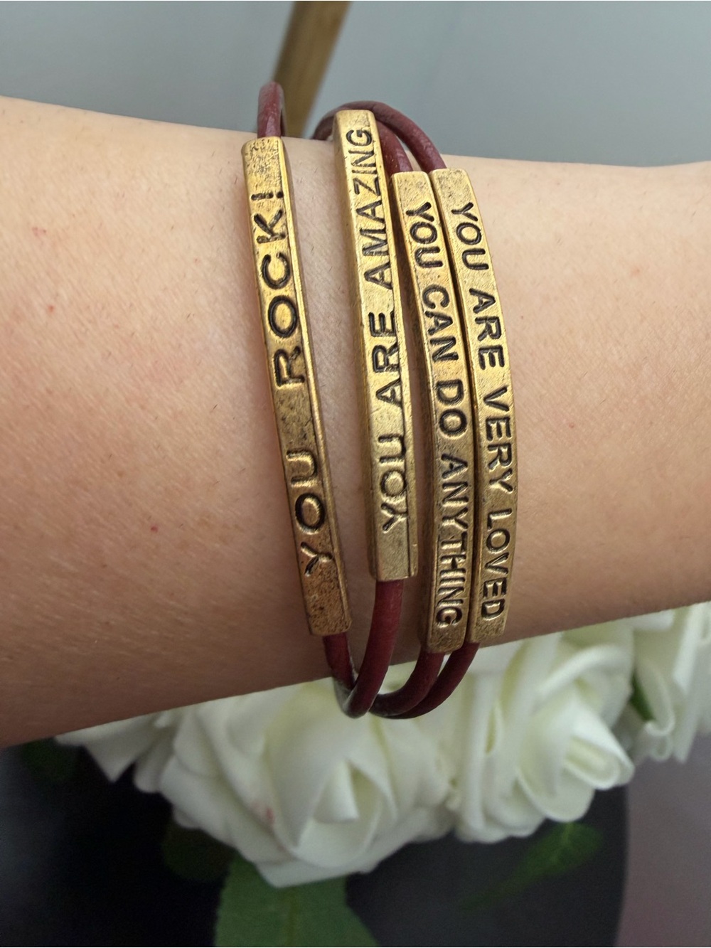 Inspirational Gold Bar & Burgundy Leather Wrap Bracelet - You Are Amazing